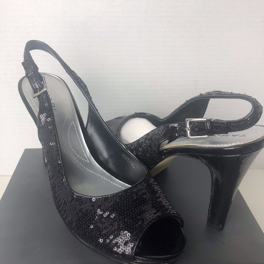 NEW Black Sequined Tahari Peep-Toe Slingback Shoes | Size 9.5